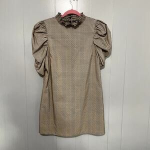 Zara Brown Plaid Puff Sleeves High Neck Classic Minimalist Shift Mini Dress S